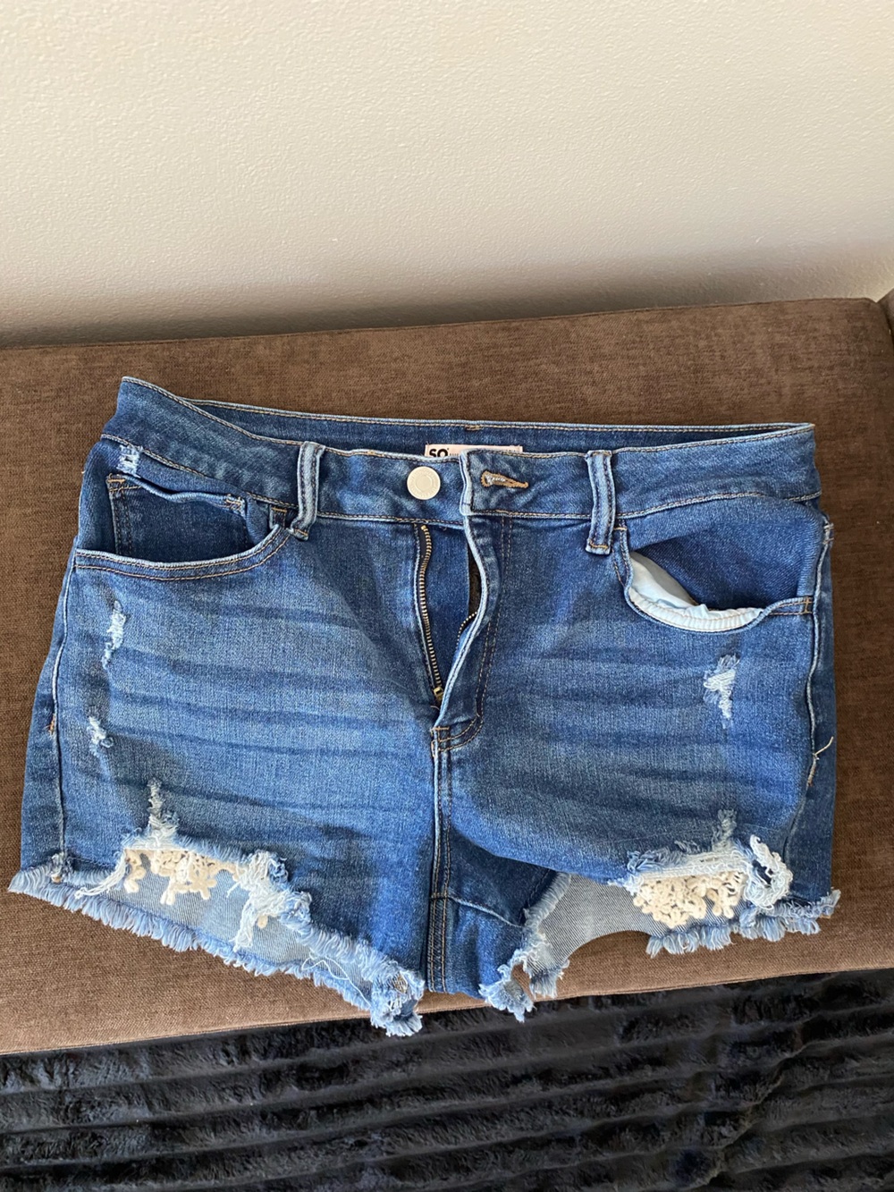 SO Blue Denim Lace-Trim High-Waist Jean Shorts